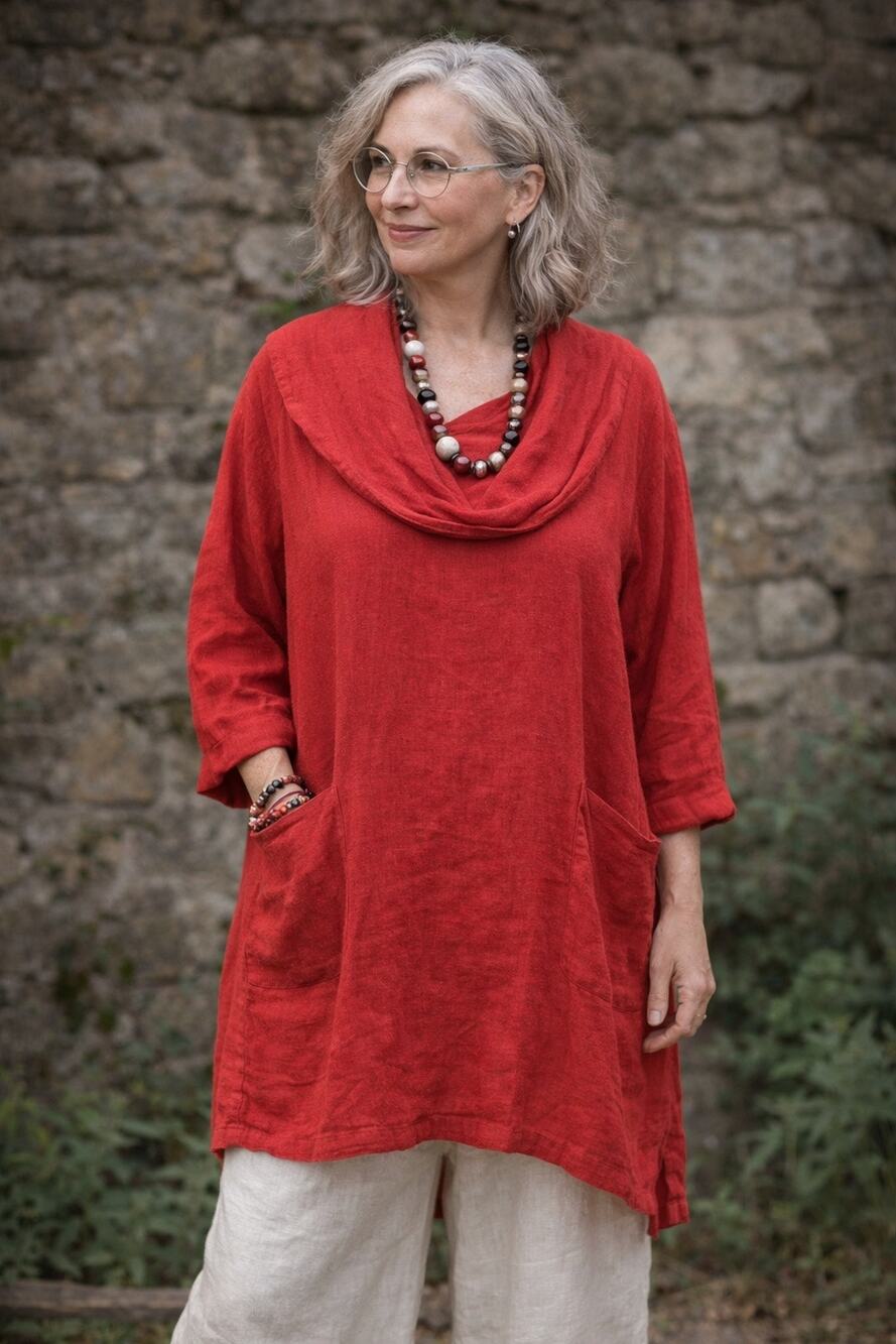 Match Point Linen Medium Cowl Neck Tunic Two Pockets Red Linen Women's USA